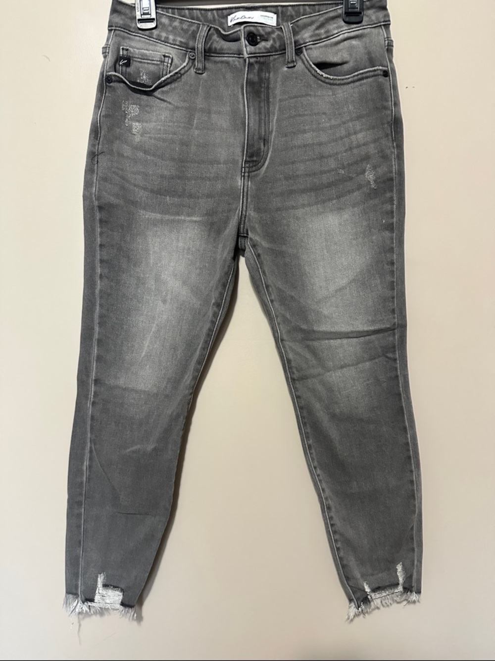 KanCan Women's Skinny Jeans in Washed Gray with Distressed Hem